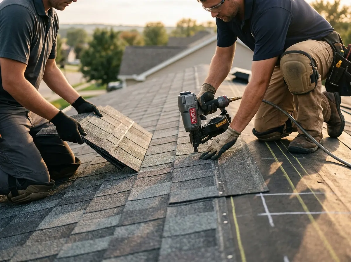 Professional roofer working on a residential roof in Williamson